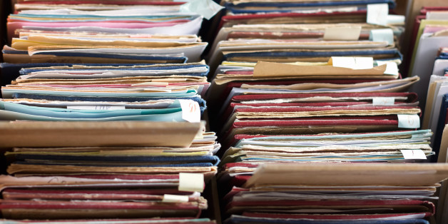 File folders in a file cabinet, card catalog in a library, closeup