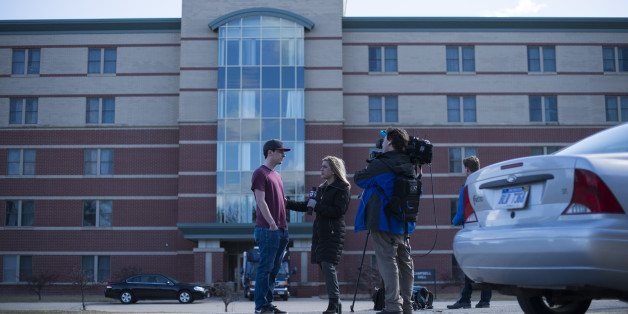 MOUNT PLEASANT, MI - MARCH 02: Tyler Whipple, a Central Michigan University student, is interviewed by the media outside of Campbell Hall, where a shooting took place at Central Michigan University on March 2, 2018 in Mount Pleasant, Michigan. Two people were killed in an on-campus shooting at Central Michigan University. The University is on lockdown as the police search for the suspect, a 19-year-old man. (Photo by Rachel Woolf/Getty Images)