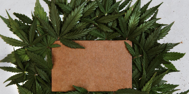 Green cannabis leafs frame with usable copy space in the middle. Top view, copy space