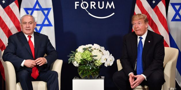 US President Donald Trump (R) speaks with Israel's Prime Minister Benjamin Netanyahu during a bilateral meeting on the sidelines of the World Economic Forum (WEF) annual meeting in Davos, eastern Switzerland, on January 25, 2018. / AFP PHOTO / Nicholas Kamm (Photo credit should read NICHOLAS KAMM/AFP/Getty Images)