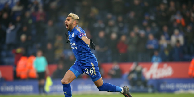 LEICESTER, ENGLAND - MARCH 03: Riyad Mahrez of Leicester City celebrates after scoring to make it 1-1 during the Premier League match between Leicester City and Bournemouth at King Power Stadium, on March 3rd, 2018 in Leicester, United Kingdom (Photo by Plumb Images/Leicester City FC via Getty Images)