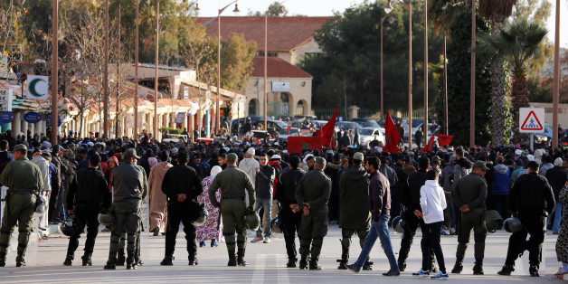 Riot police take their positions to block demonstrators during a protest about the lack of jobs after two miners died while working in a clandestine coal mine, in Jerada, Morocco, January 20, 2018. Picture taken January 20, 2018. REUTERS/Youssef Boudlal