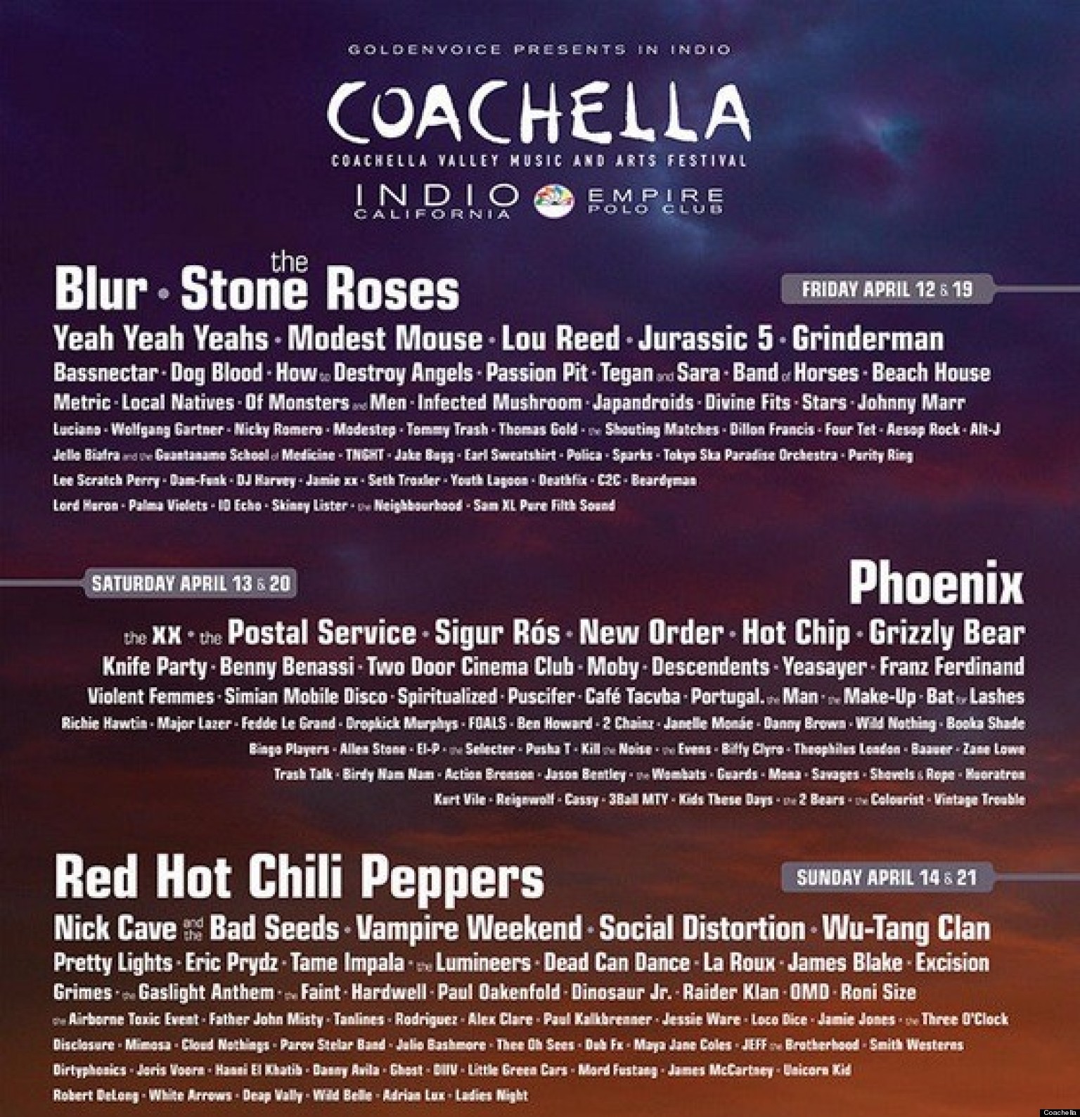 Coachella 2013 Lineup Announced Blur, The Stone Roses, Phoenix And Red